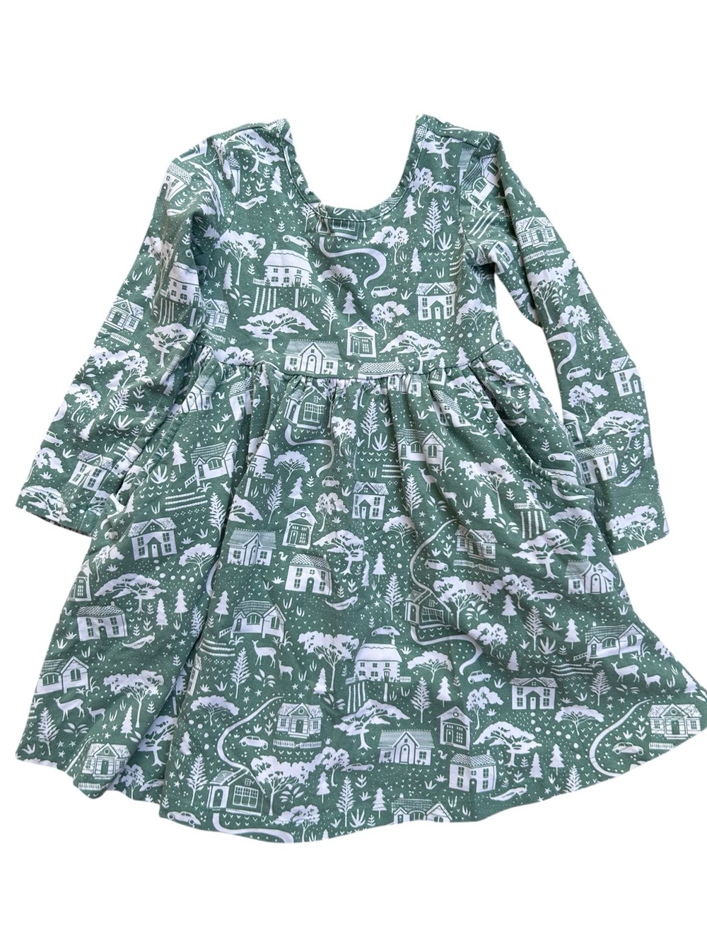 Hanna Andersson Girls’ Winter Cottage Village Print Green Long-Sleeve Dress 3T